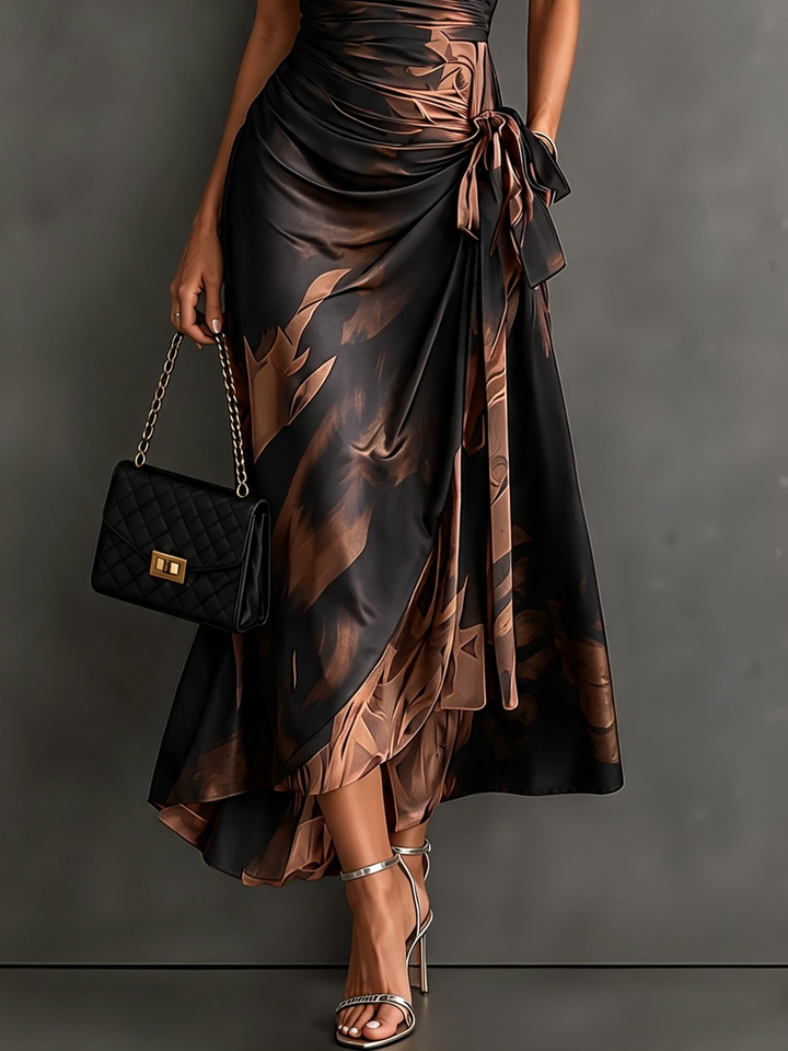Brown abstract print midi wrap dress with draped skirt and waist tie