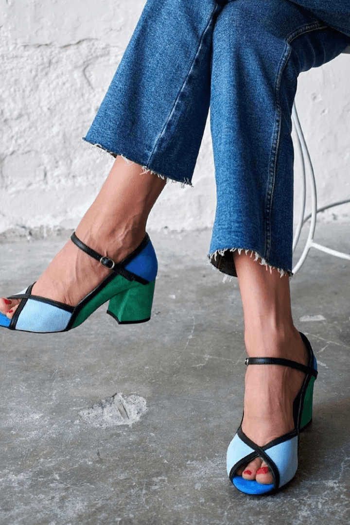 Block colour stiletto heels with buckle and T-strap
