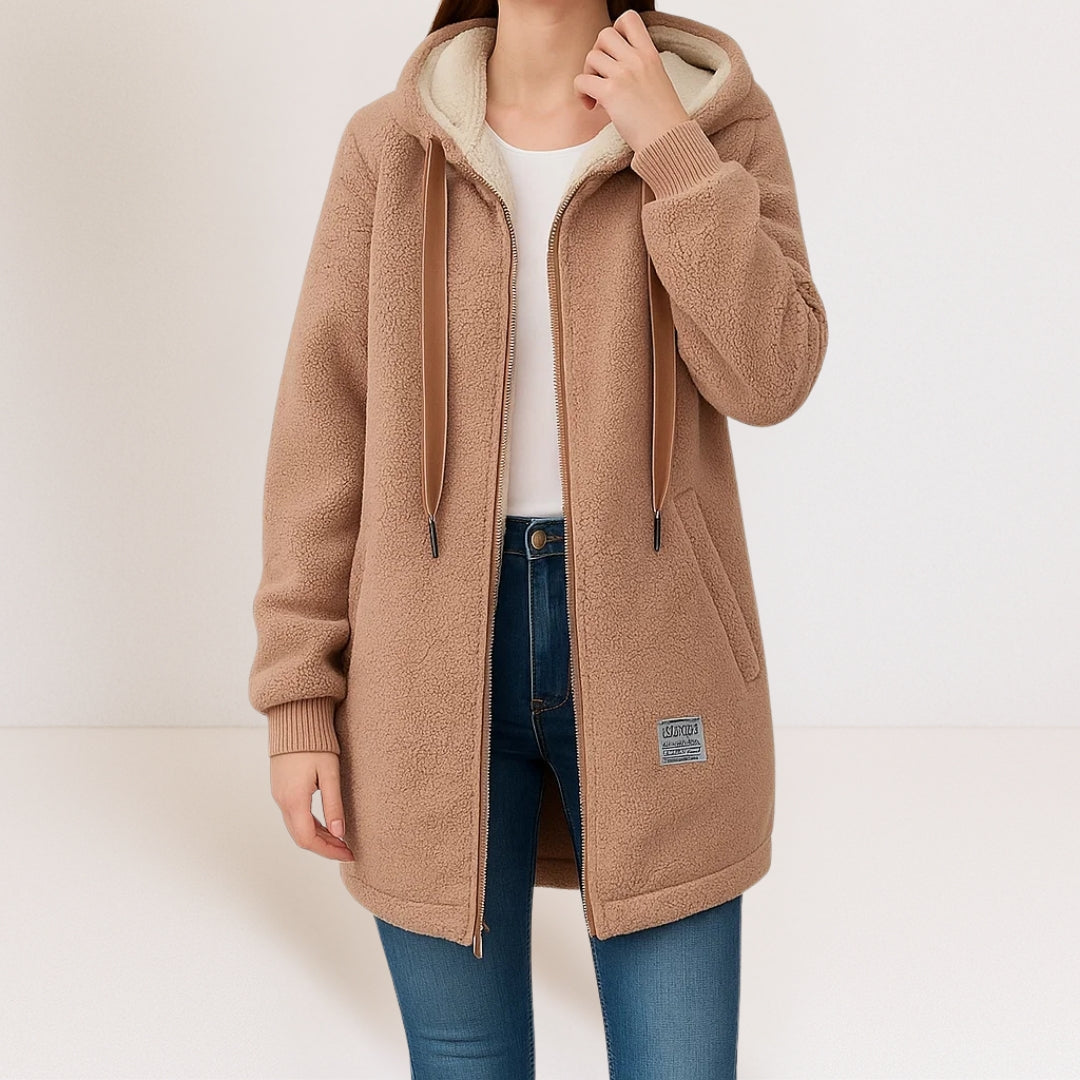 Brown cozy fleece hooded jacket with full zipper, drawstring pulls, and side pockets