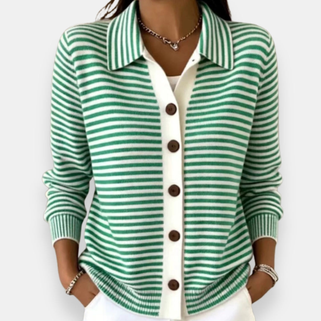 Striped button cardigan, green and white, collared long sleeves with ribbed cuffs