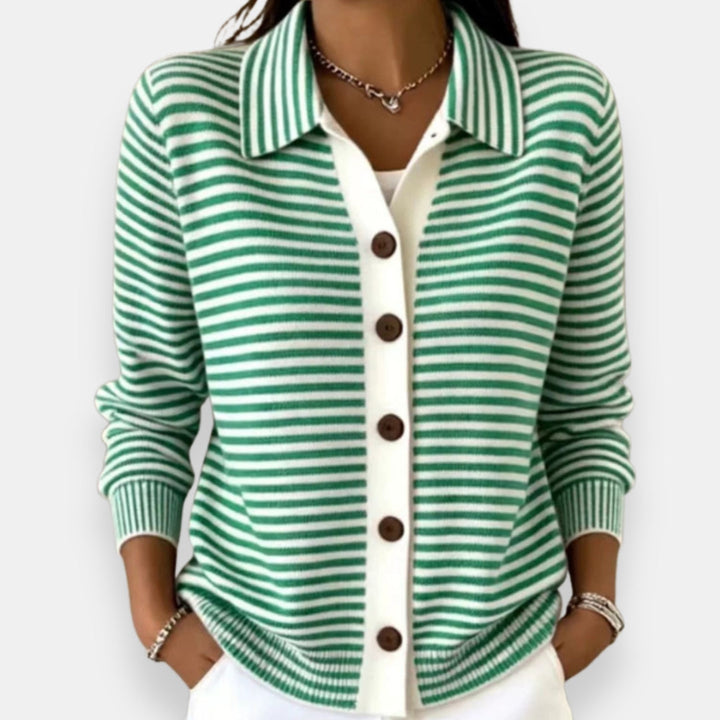 Striped button cardigan, green and white, collared long sleeves with ribbed cuffs