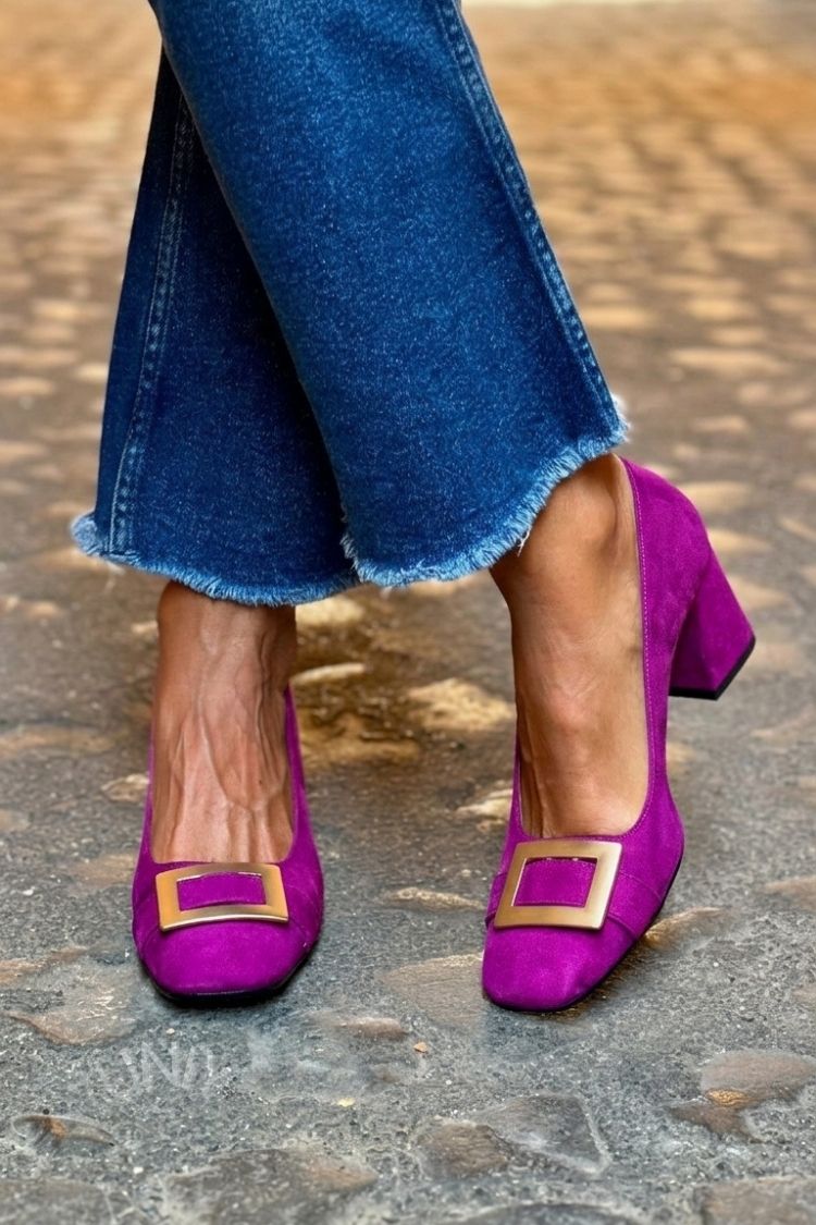Wide Patchwork Navy Blue Square Toe Heels