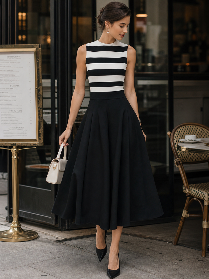 Elegant midi A-line dress, sleeveless, striped, with pockets