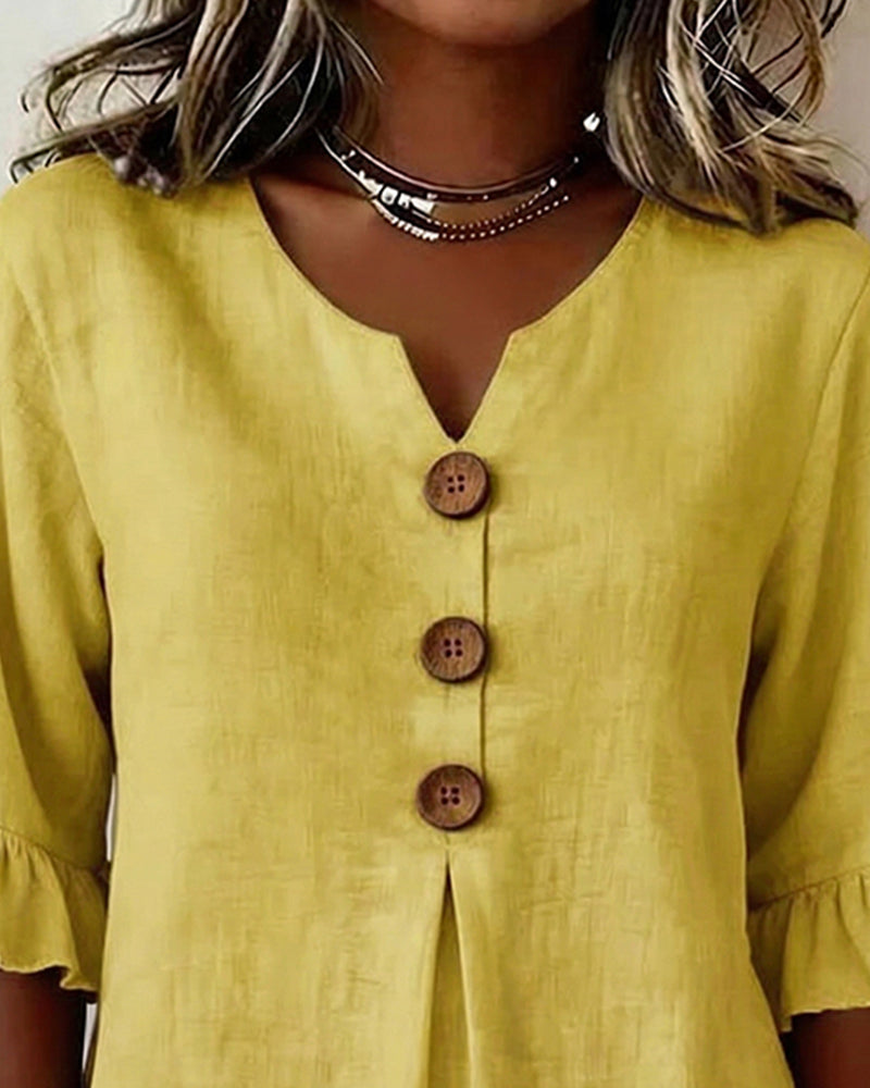 Sophia Solid Colour Blouse with Wooden Buttons and Ruffles