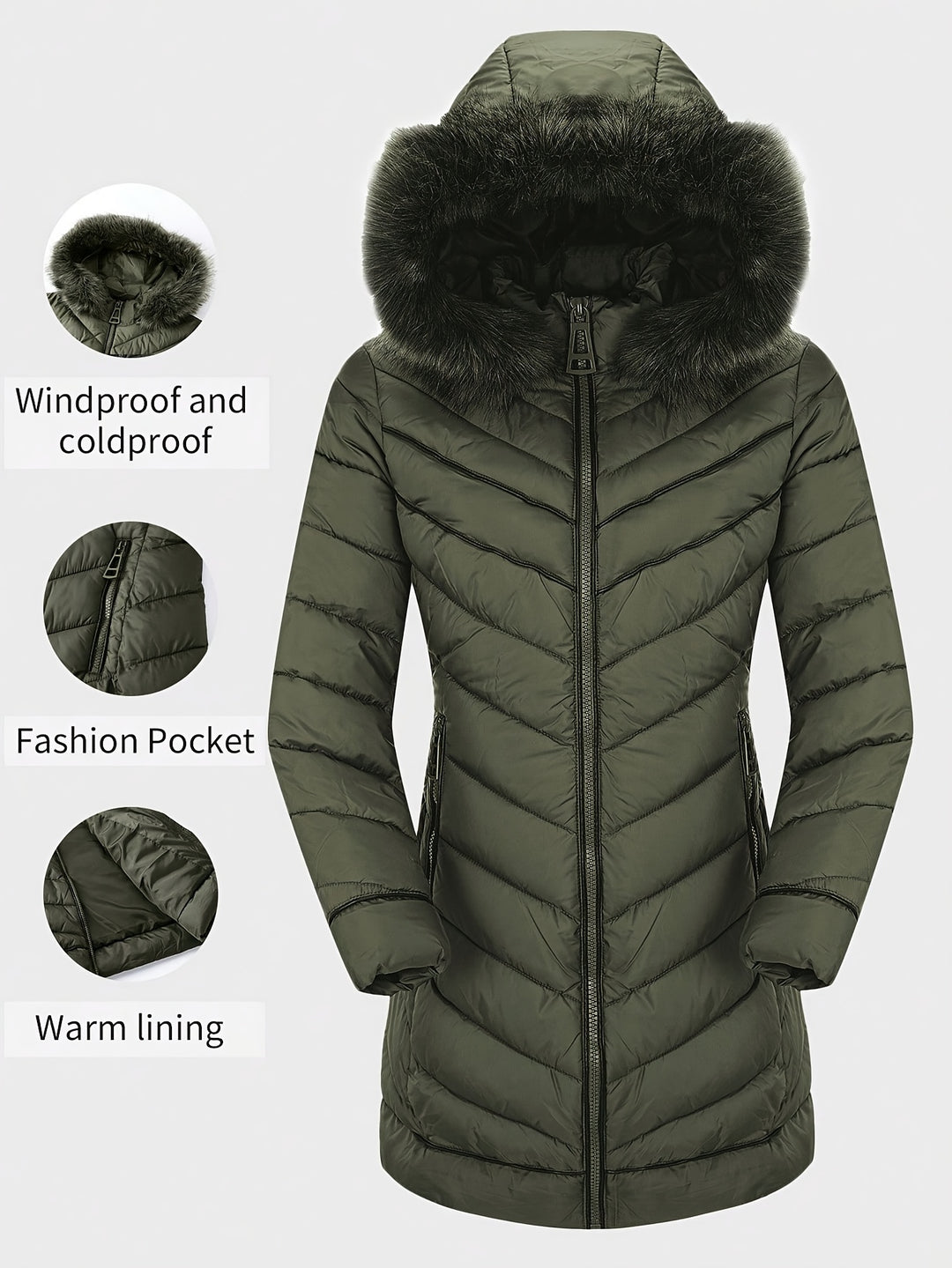 Slim-fit hooded faux fur winter coat in deep green, quilted puffer with front zip.