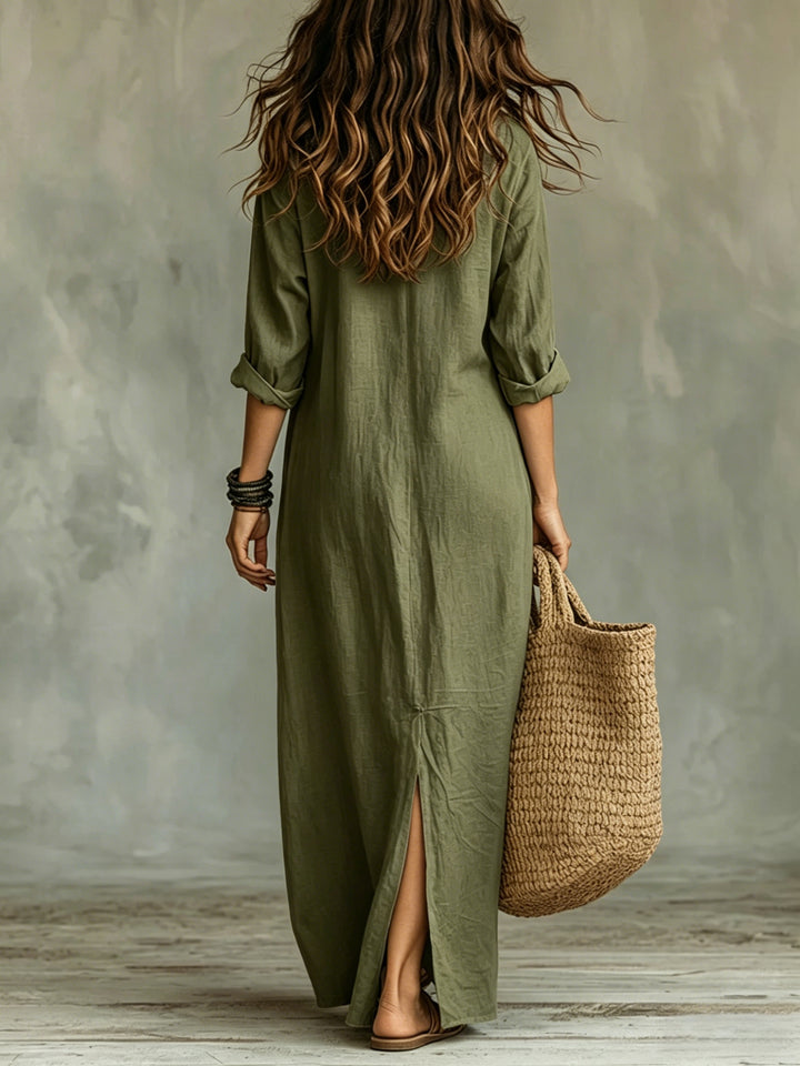 New Spring/Summer Plain Coloured Pullover-Collar Long Dress with Half-Open Collar and Slits at the Front and Back, Casual Shirt Dress in a Relaxed Style, Suitable for Leisure, Travel, Beach, and Daily Use in Spring/Summer, Machine Washable