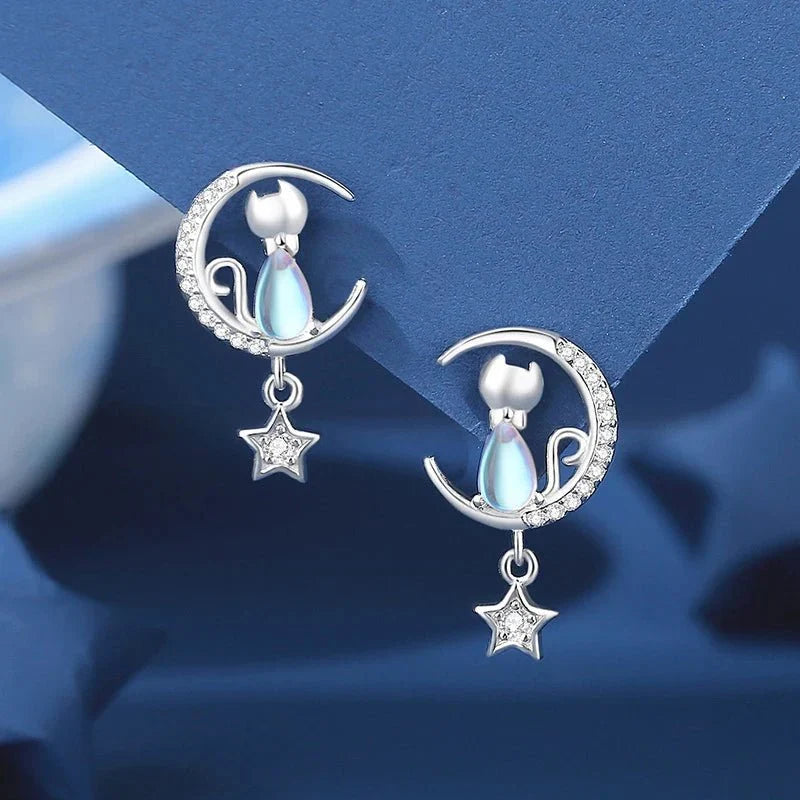 925 Sterling Silver Moon & Star Cat Earrings with Zircon