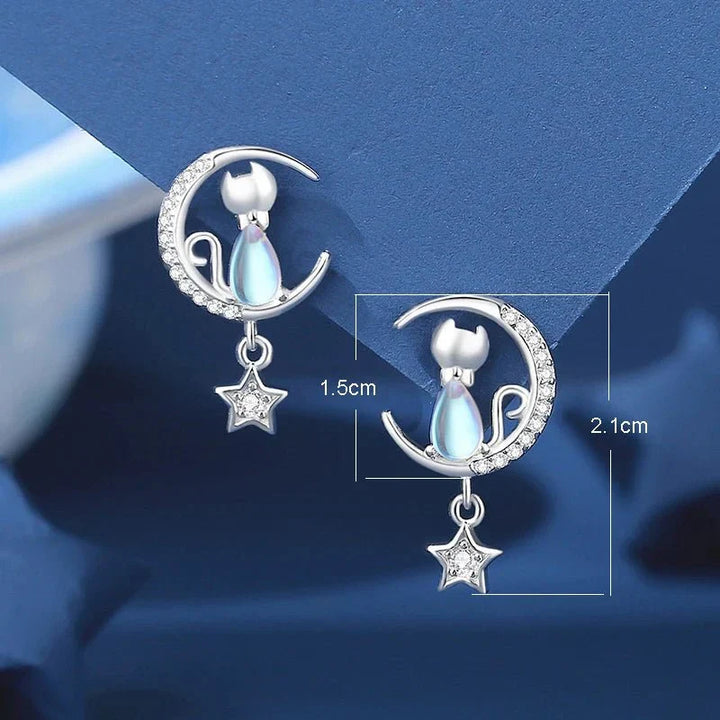 925 Sterling Silver Moon & Star Cat Earrings with Zircon