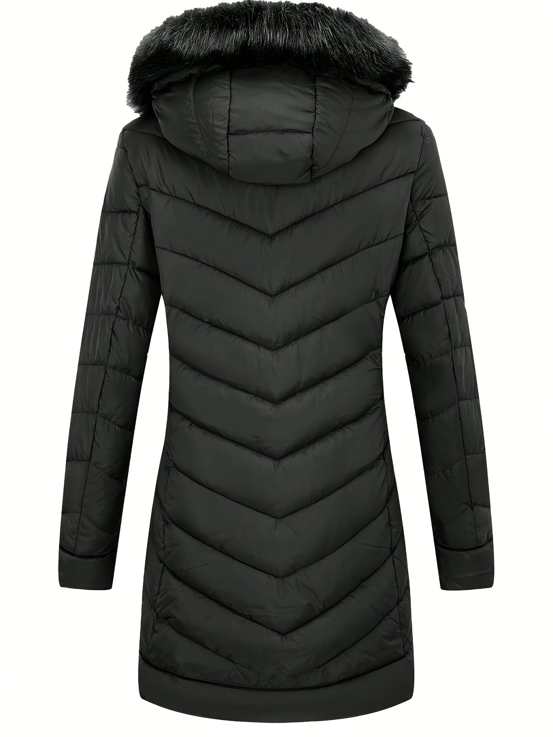Black slim-fit hooded faux fur winter coat, quilted puffer back view, full-length zip.