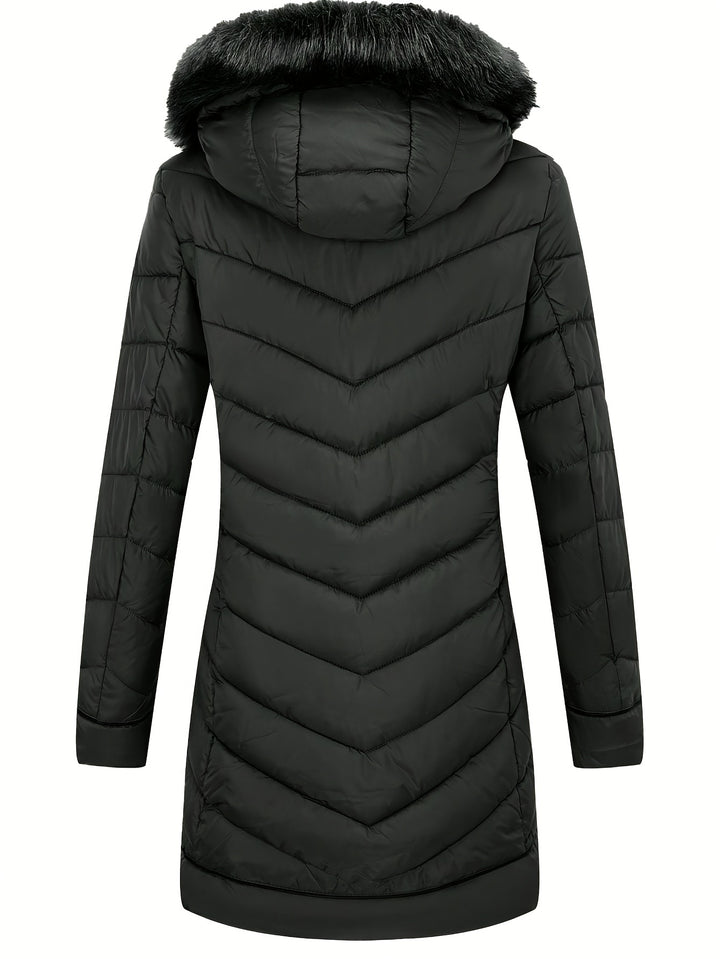 Black slim-fit hooded faux fur winter coat, quilted puffer back view, full-length zip.