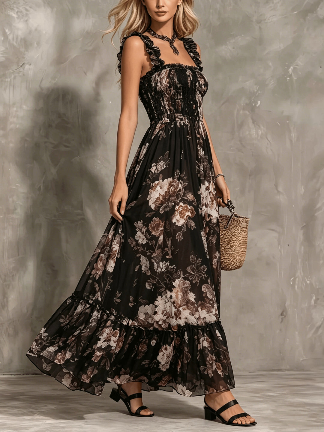Delphine | Vintage Square Neck Pleated Floral Dress