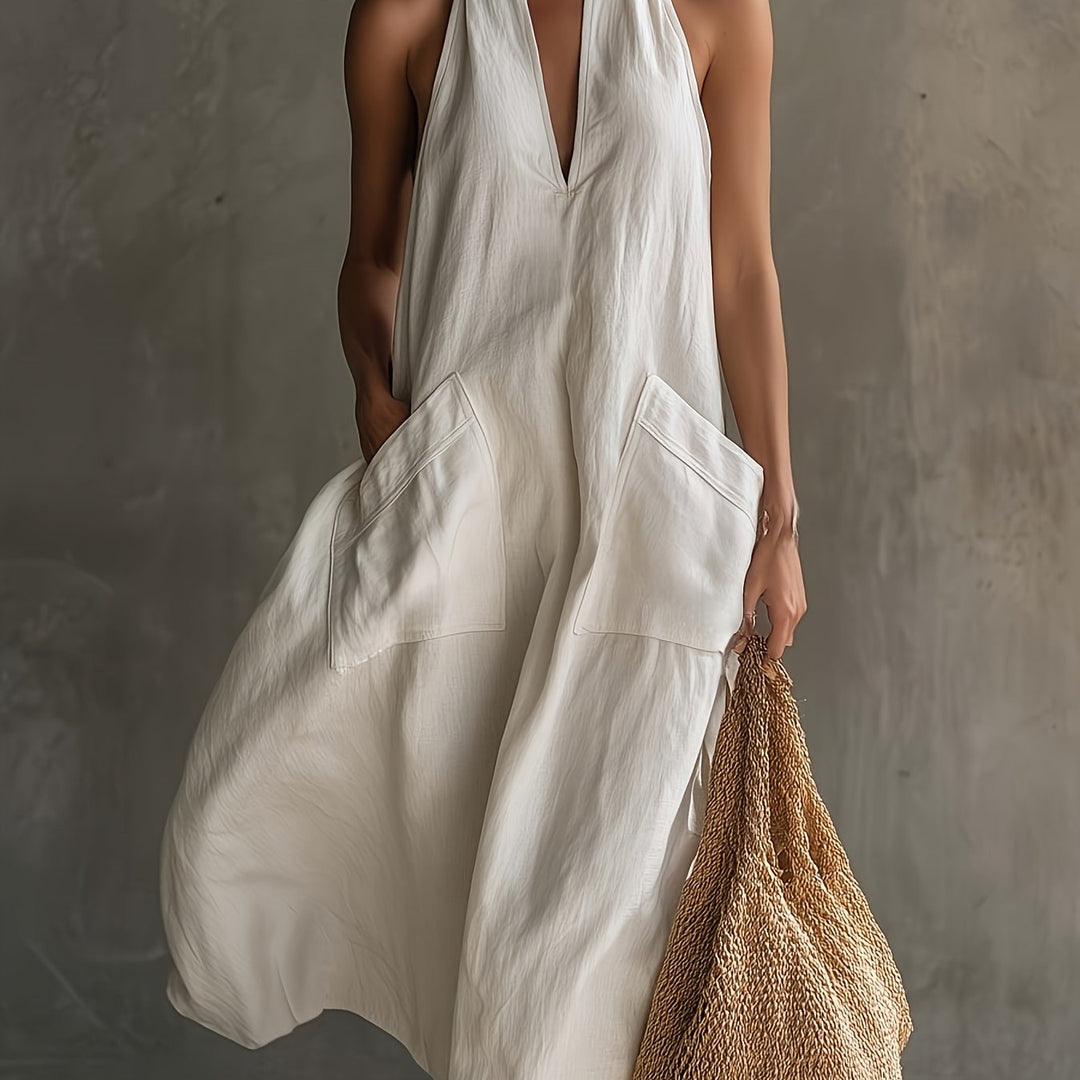 Casual vintage holiday midi dress with V-neck, patch pocket and white colour, elegant and special