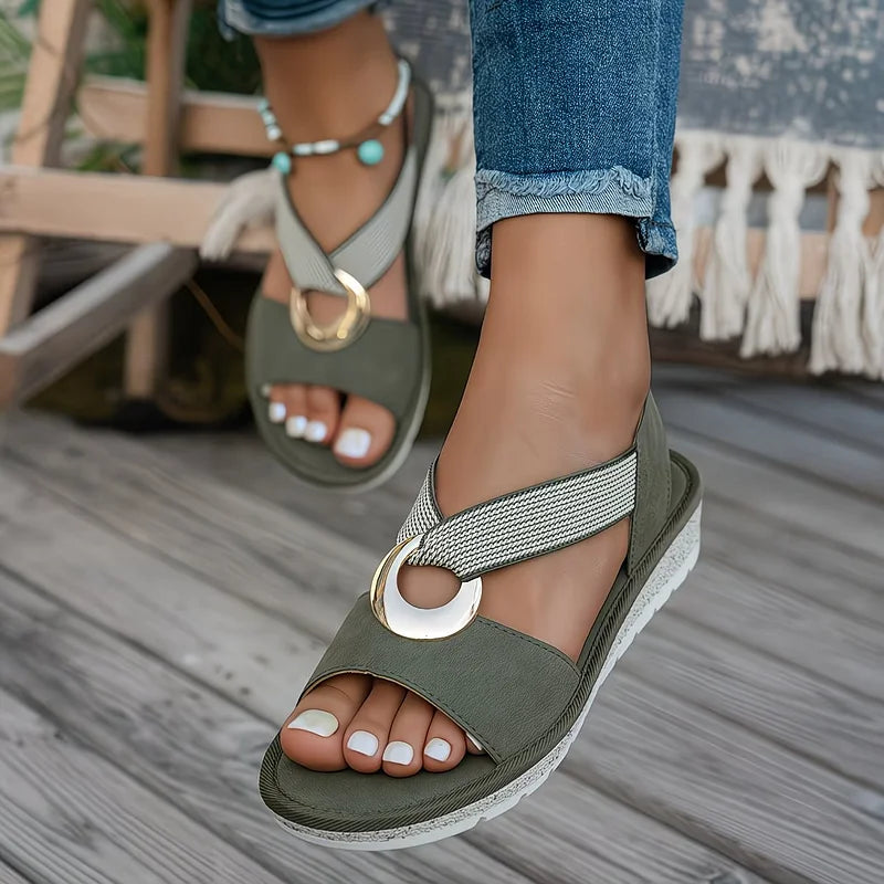 Olive green slide sandals with gold oval buckle, mesh-look cross strap