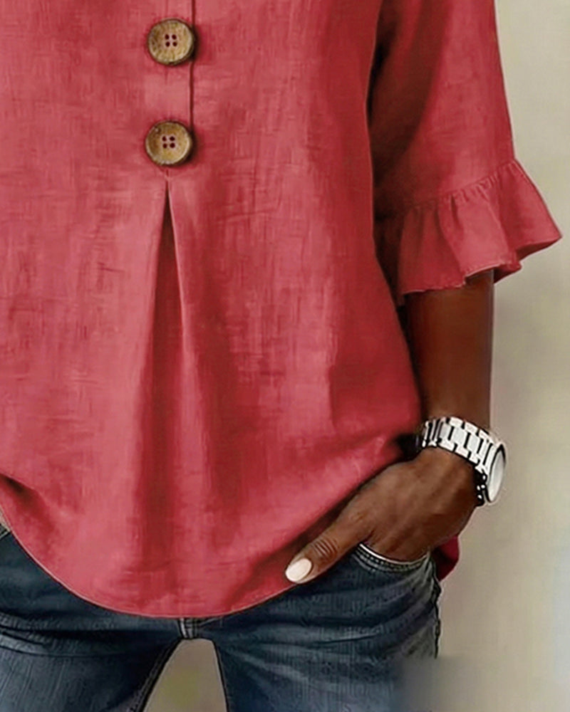 Sophia Solid Colour Blouse with Wooden Buttons and Ruffles