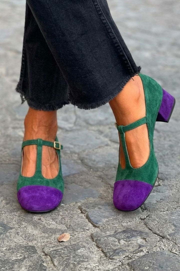 Red Patchwork Wide Heels with Round Toe, Buckle and T-Strap