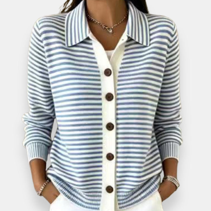 Striped button cardigan, light blue and white, collared long sleeves, ribbed cuffs