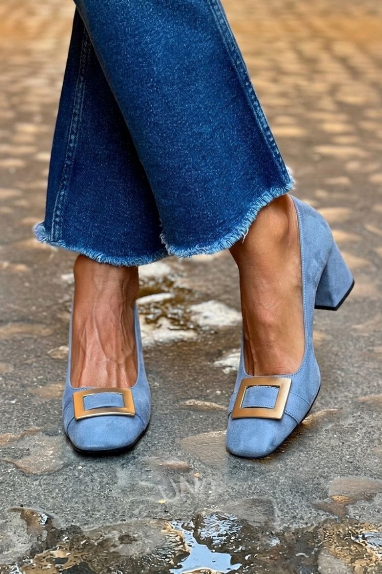 Wide Patchwork Navy Blue Square Toe Heels