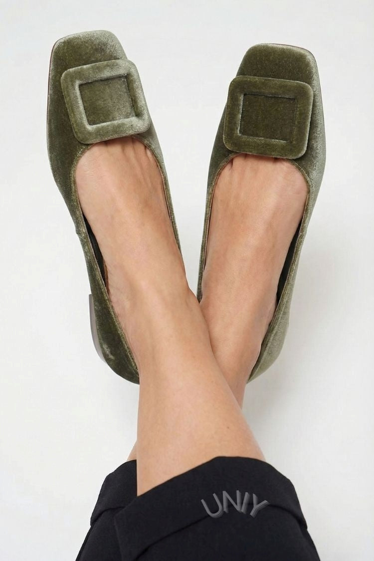 Square Toe Velvet Ballerinas with Buckle