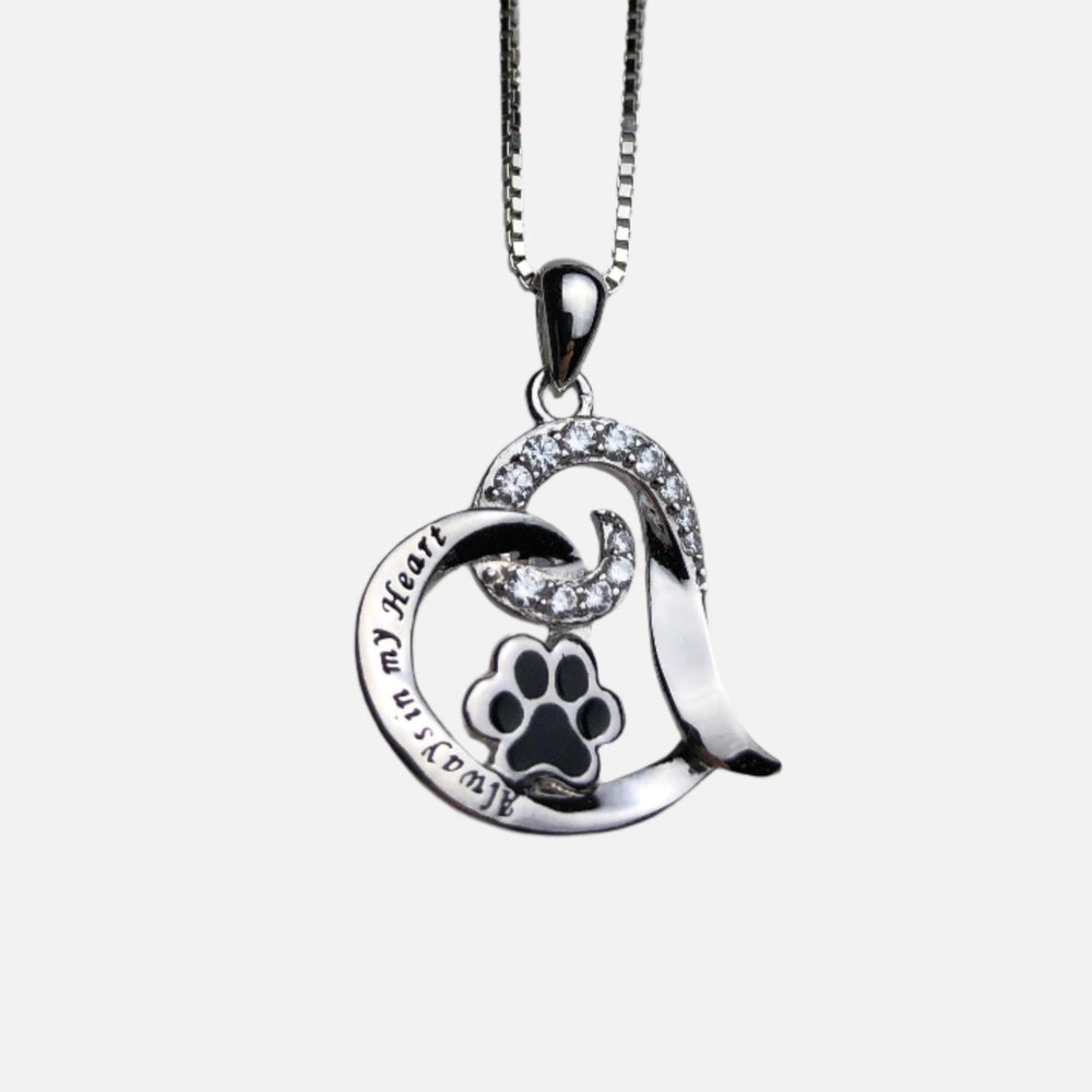 Silver dog memorial necklace pendant with heart text, paw print and crystal trim