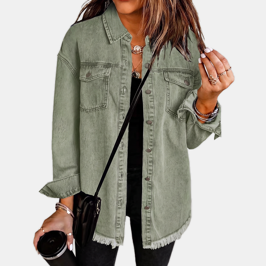 Women's Raw Hem Snap Button Washed Denim Jacket
