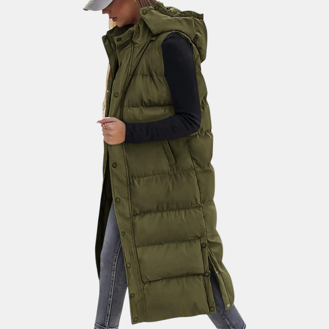 Women's Puffer Vest Quilted Hooded Maxi Length Button Down