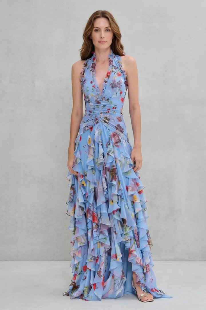 Belladina | Romantic Rose Cascade Long Dress with American Neckline