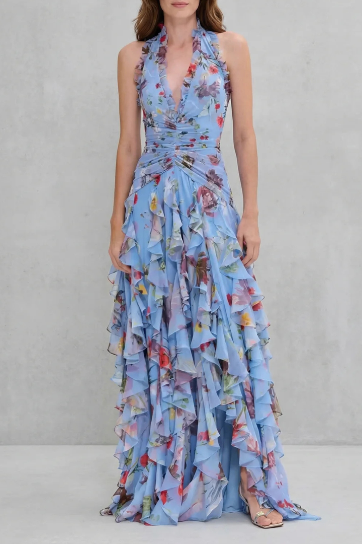 Belladina | Romantic Rose Cascade Long Dress with American Neckline