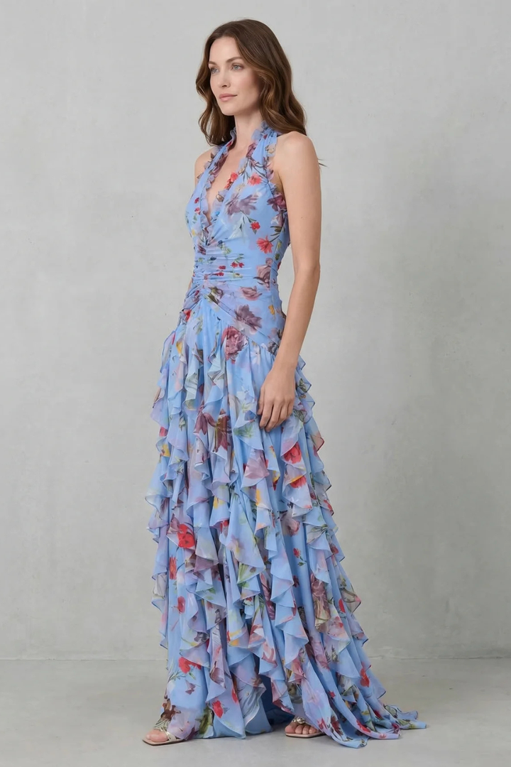 Belladina | Romantic Rose Cascade Long Dress with American Neckline