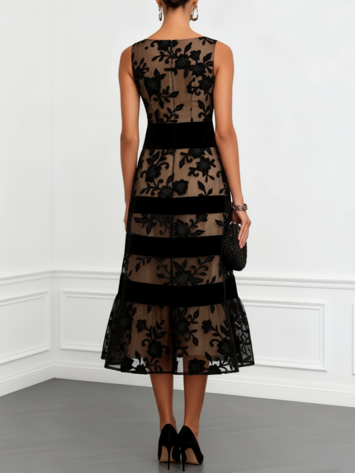 Black Mesh A-Line Midi Dress with Flowers