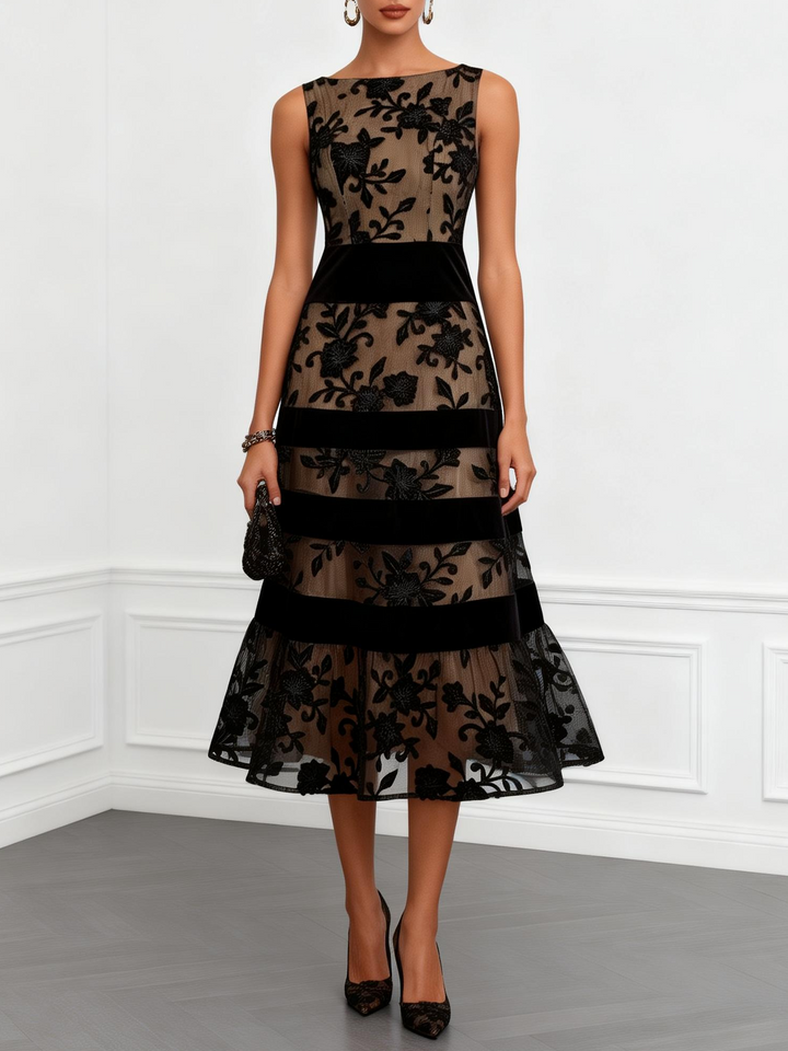 Black Mesh A-Line Midi Dress with Flowers