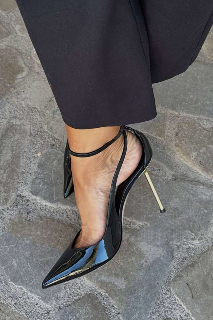 Black Patent Stiletto Heels with Ankle Strap
