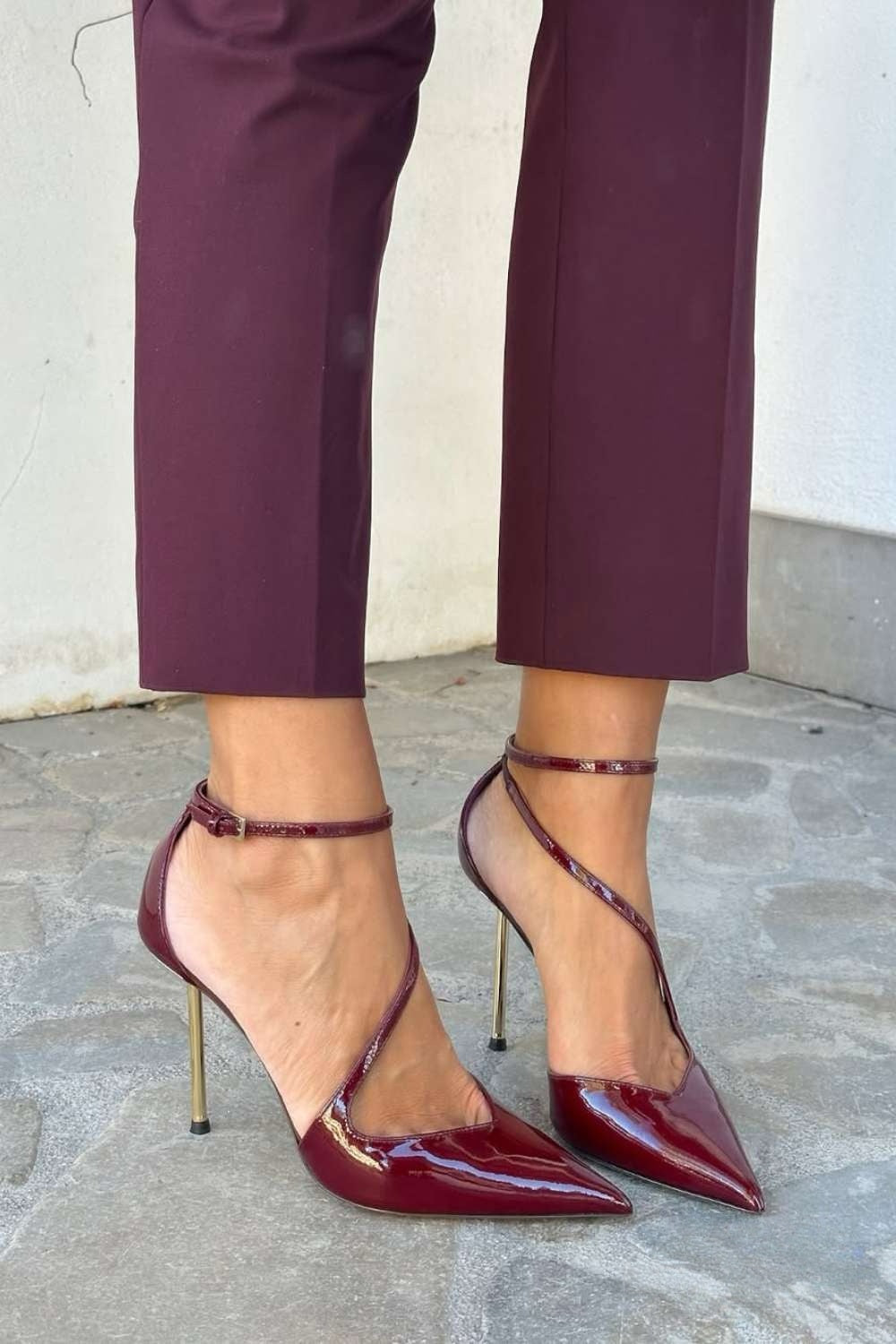 Black Patent Stiletto Heels with Ankle Strap