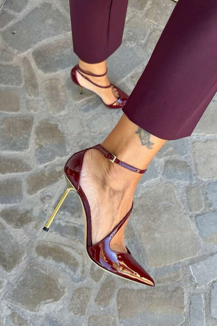 Black Patent Stiletto Heels with Ankle Strap
