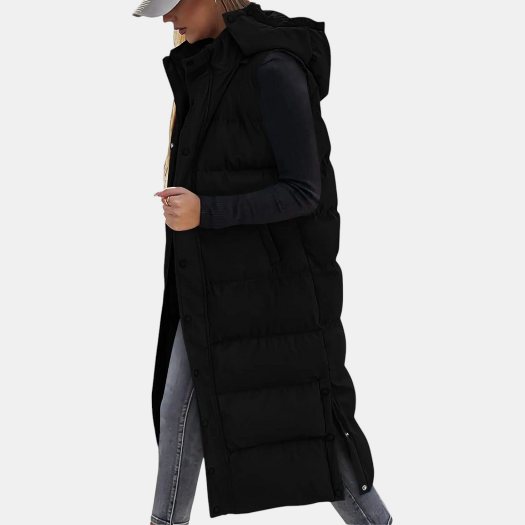 Women's Puffer Vest Quilted Hooded Maxi Length Button Down