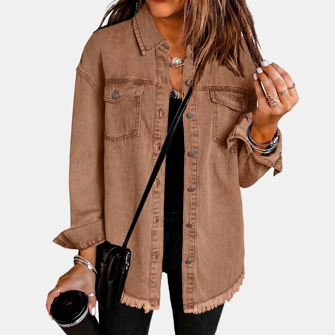 Women's Raw Hem Snap Button Washed Denim Jacket