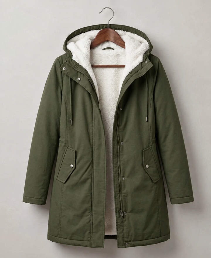 Forest green cosy waterproof hooded parka jacket with fleece lining and snap pockets