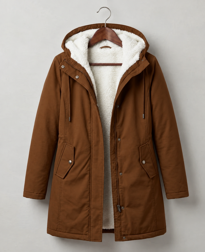 Brown waterproof parka with hood, white sherpa lining, front zip, two side pockets