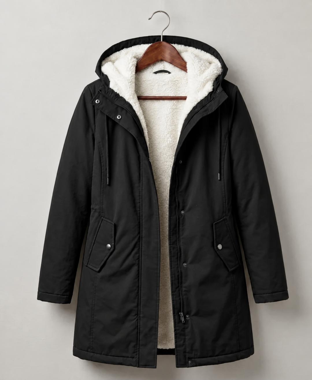 Black padded weather-resistant hooded parka with white sherpa lining and snap pockets