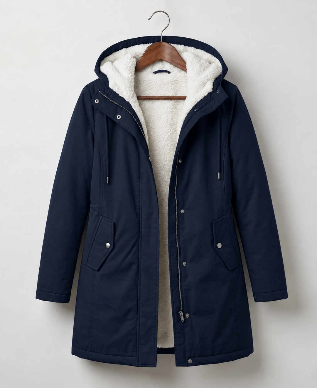 Midnight navy waterproof hooded parka with cream sherpa lining, zip front and drawstring