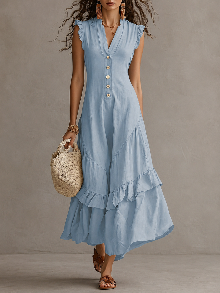 Winona | Vintage Button V-Neck Ruffle Maxi Dress