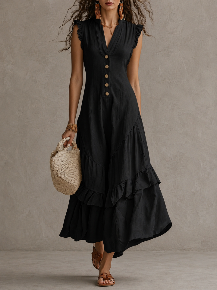 Winona | Vintage Button V-Neck Ruffle Maxi Dress