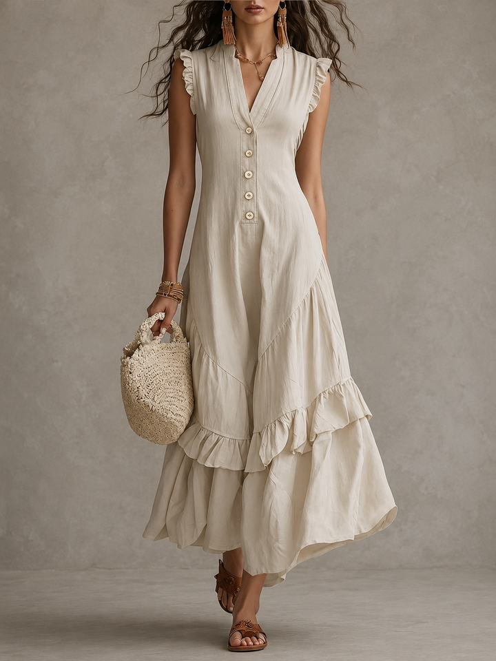 Winona | Vintage Button V-Neck Ruffle Maxi Dress