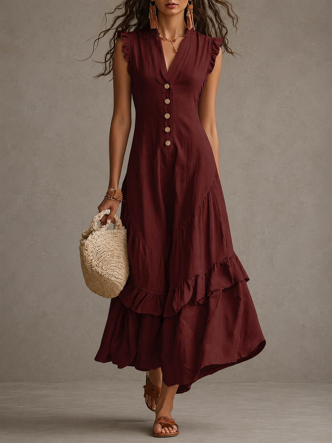 Winona | Vintage Button V-Neck Ruffle Maxi Dress