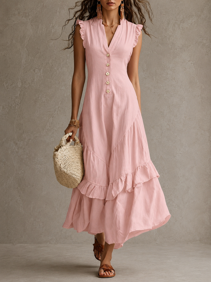 Winona | Vintage Button V-Neck Ruffle Maxi Dress