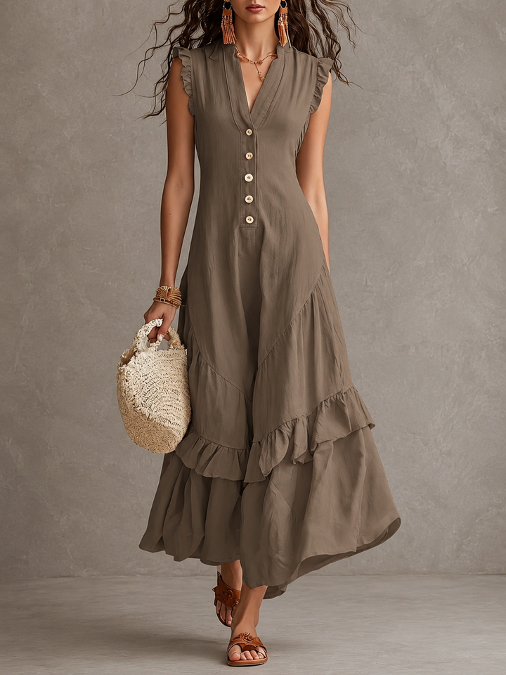 Winona | Vintage Button V-Neck Ruffle Maxi Dress