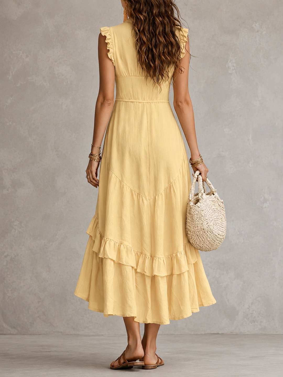 Winona | Vintage Button V-Neck Ruffle Maxi Dress