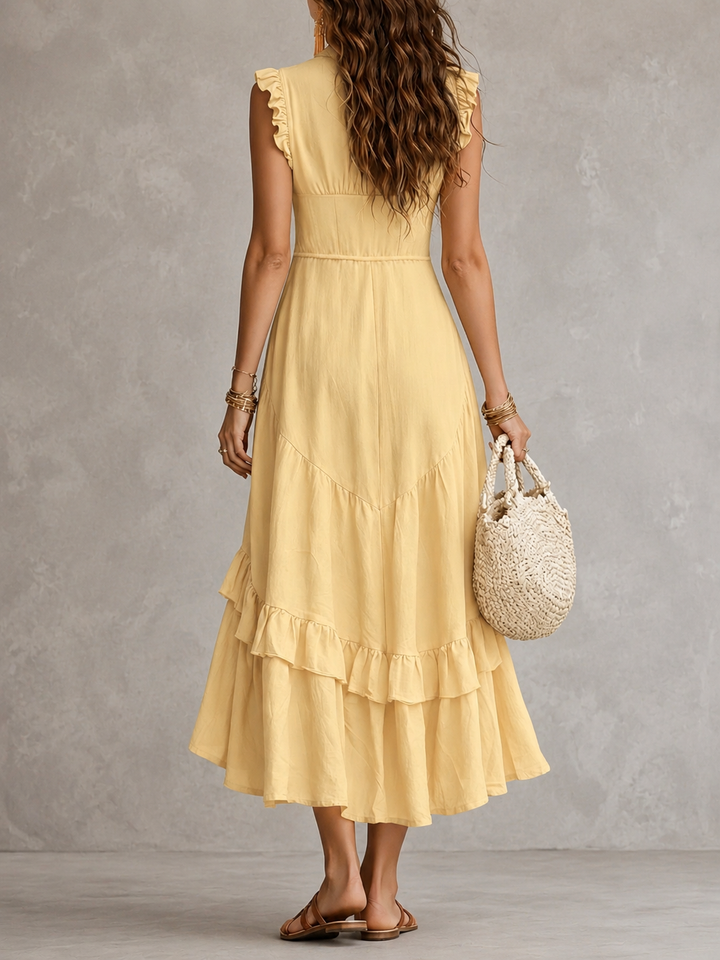 Winona | Vintage Button V-Neck Ruffle Maxi Dress