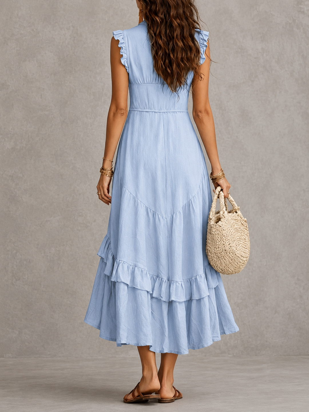 Winona | Vintage Button V-Neck Ruffle Maxi Dress