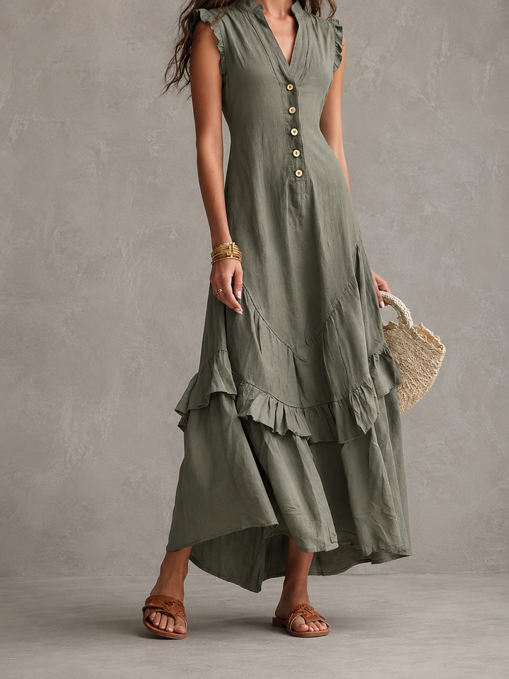 Winona | Vintage Button V-Neck Ruffle Maxi Dress