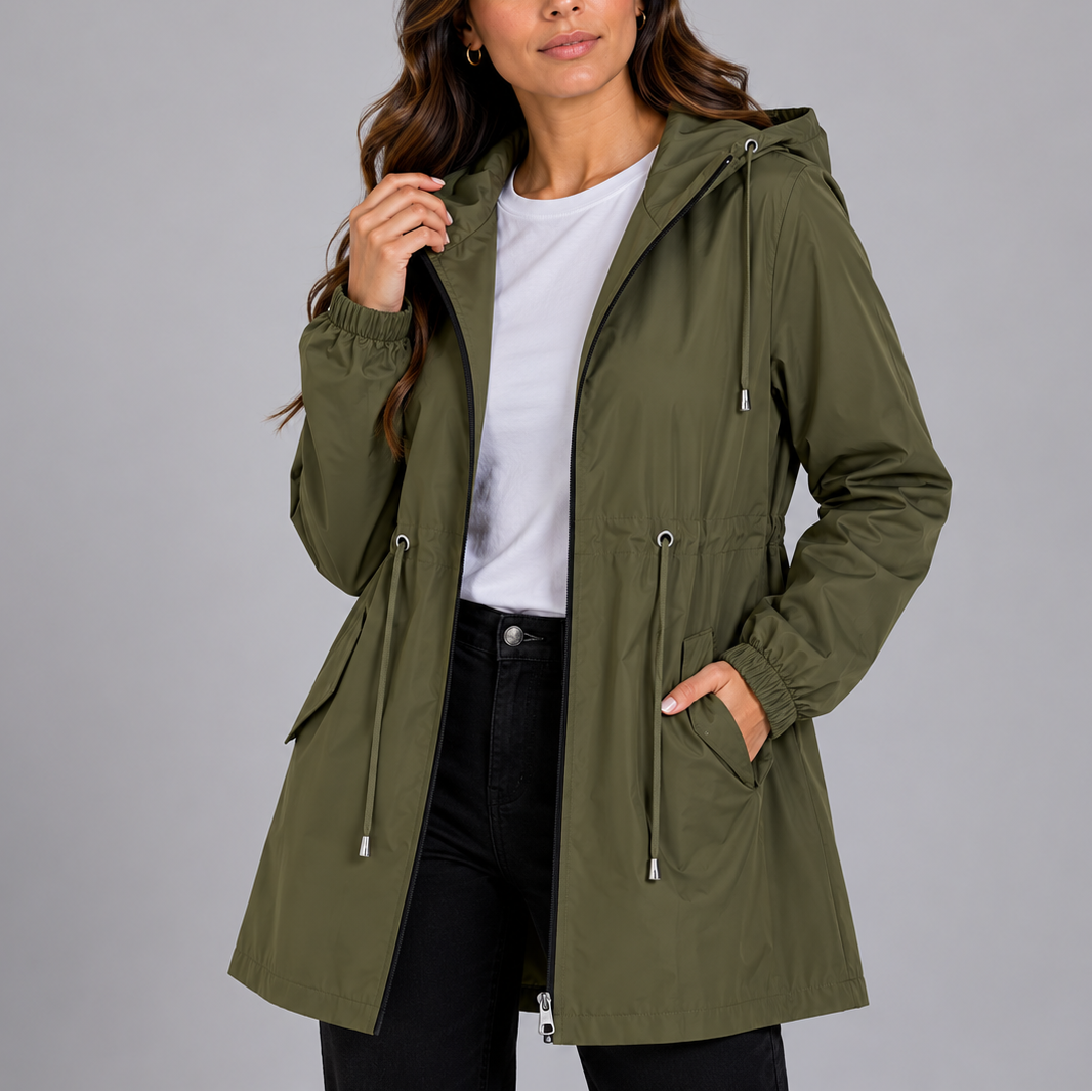 Women's Waterproof Rain Jacket Hooded Zip-Up Drawstring Lightweight Raincoat